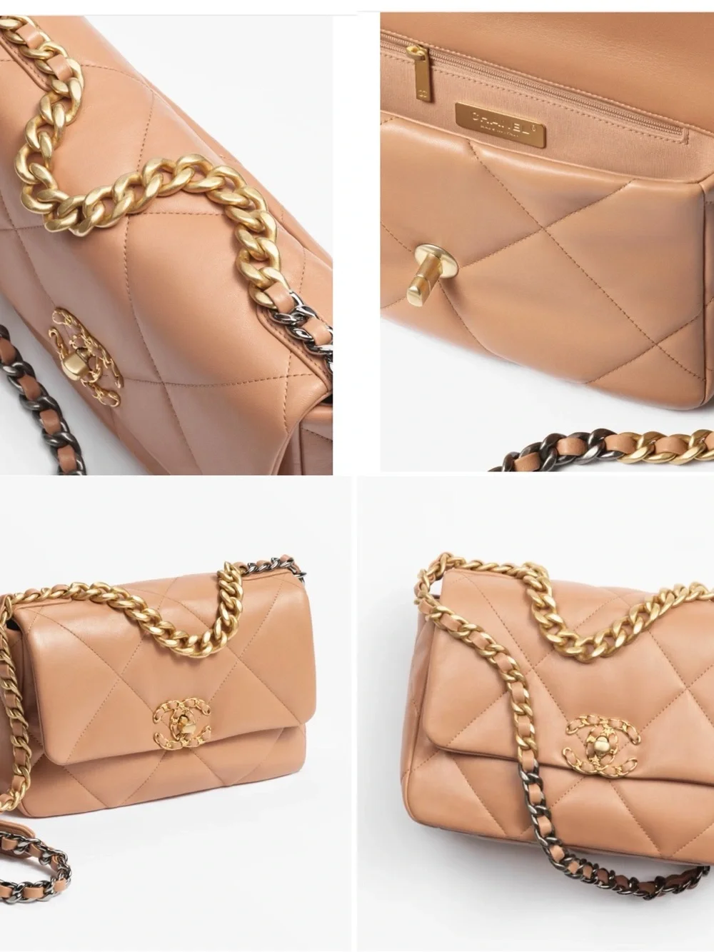 CHANEL 19 Quilted Shoulder Bag in Tan with Gold Chain